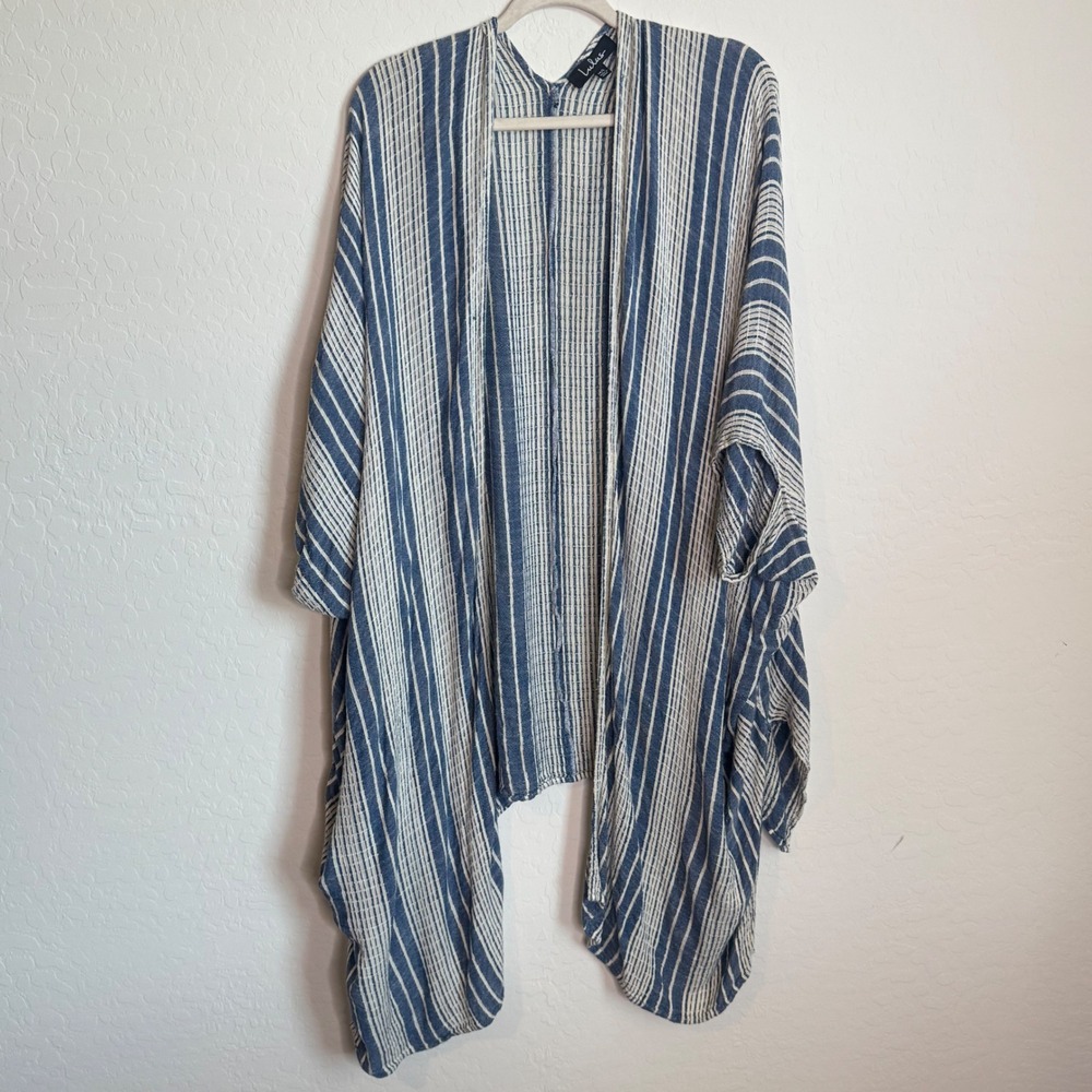 Lulus Blue White Striped Kimono Wrap Womens ML‎ Rayon Open Front Coastal Boho
